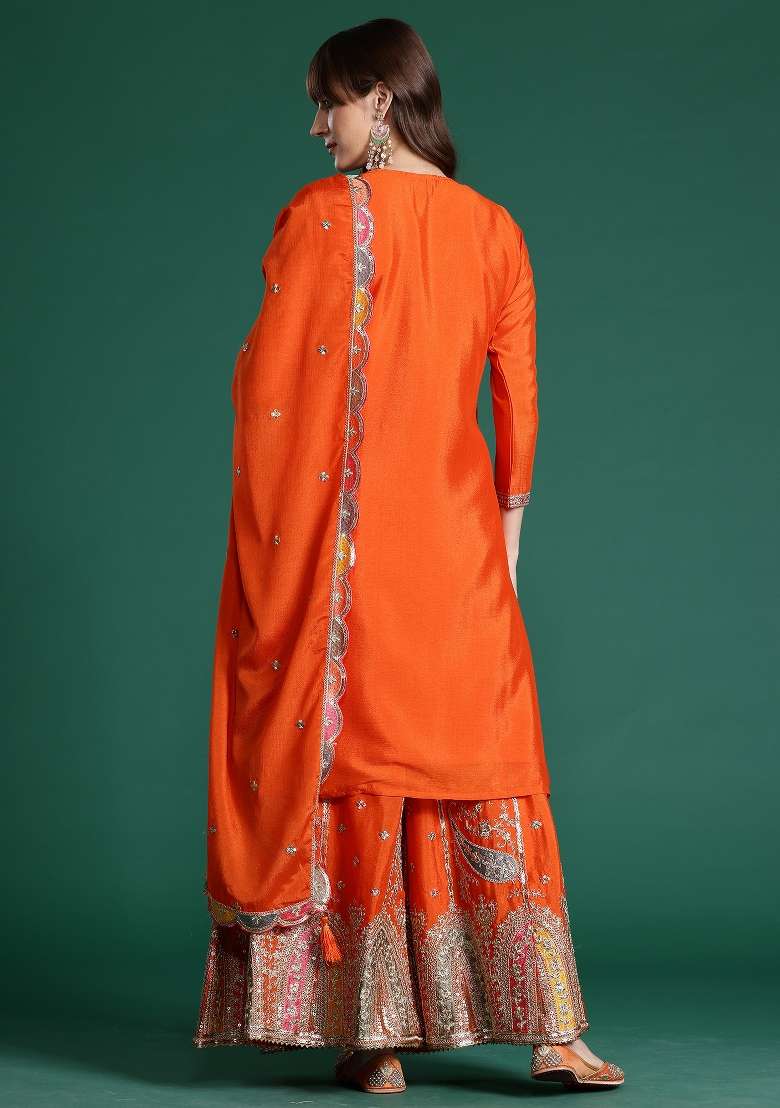 Orange Embroidery Chinnon Kurta Set - Indya
