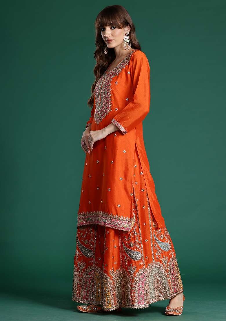 Orange Embroidery Chinnon Kurta Set - Indya