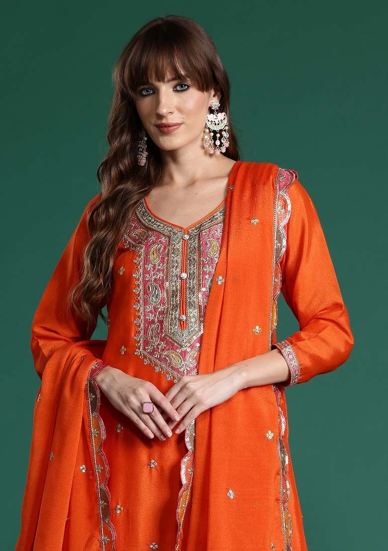 Orange Embroidery Chinnon Kurta Set - Indya