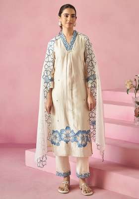 Off White Embroidery Silk Kurta Set