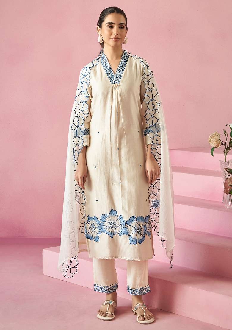 Off White Embroidery Silk Kurta Set - Indya
