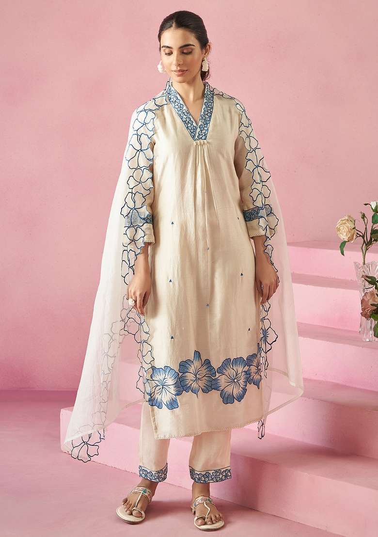Off White Embroidery Silk Kurta Set - Indya