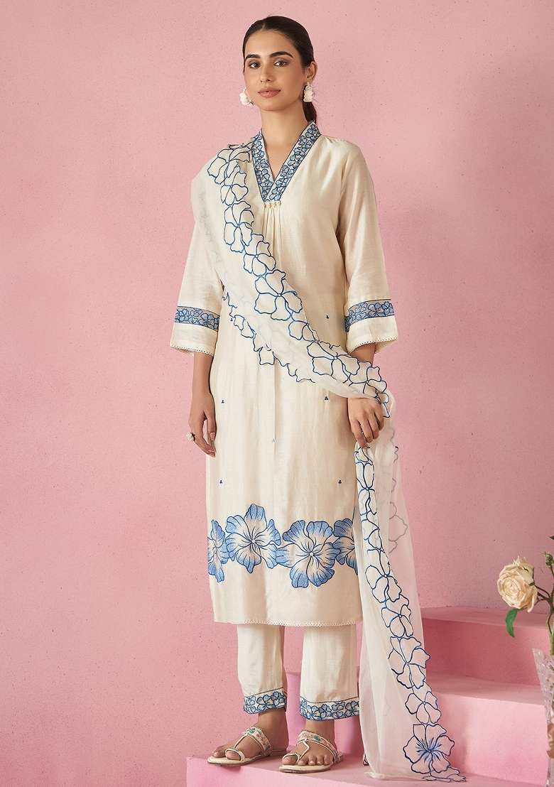 Off White Embroidery Silk Kurta Set - Indya