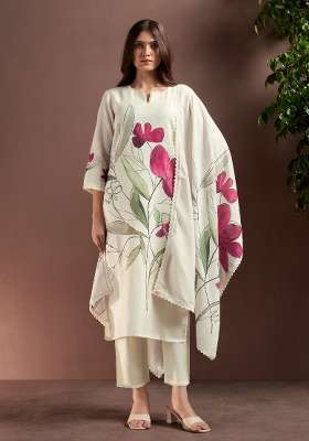 Off White Printed Silk Kurta Set
