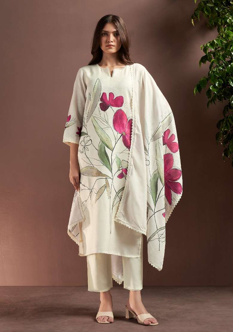 Off White Printed Silk Kurta Set - Indya
