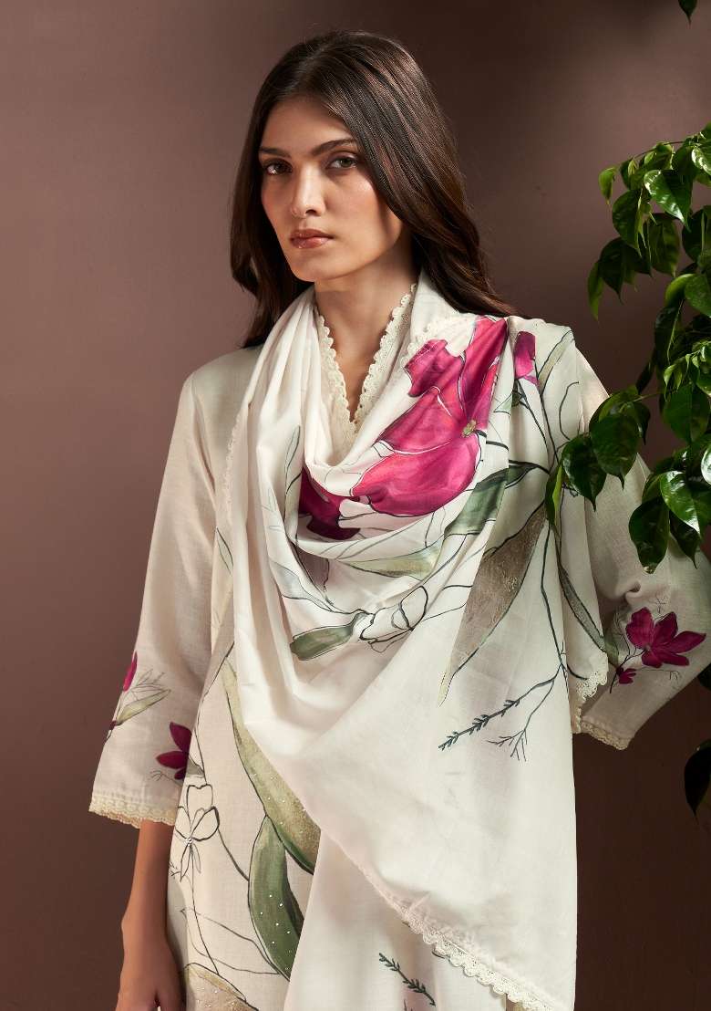Off White Printed Silk Kurta Set - Indya