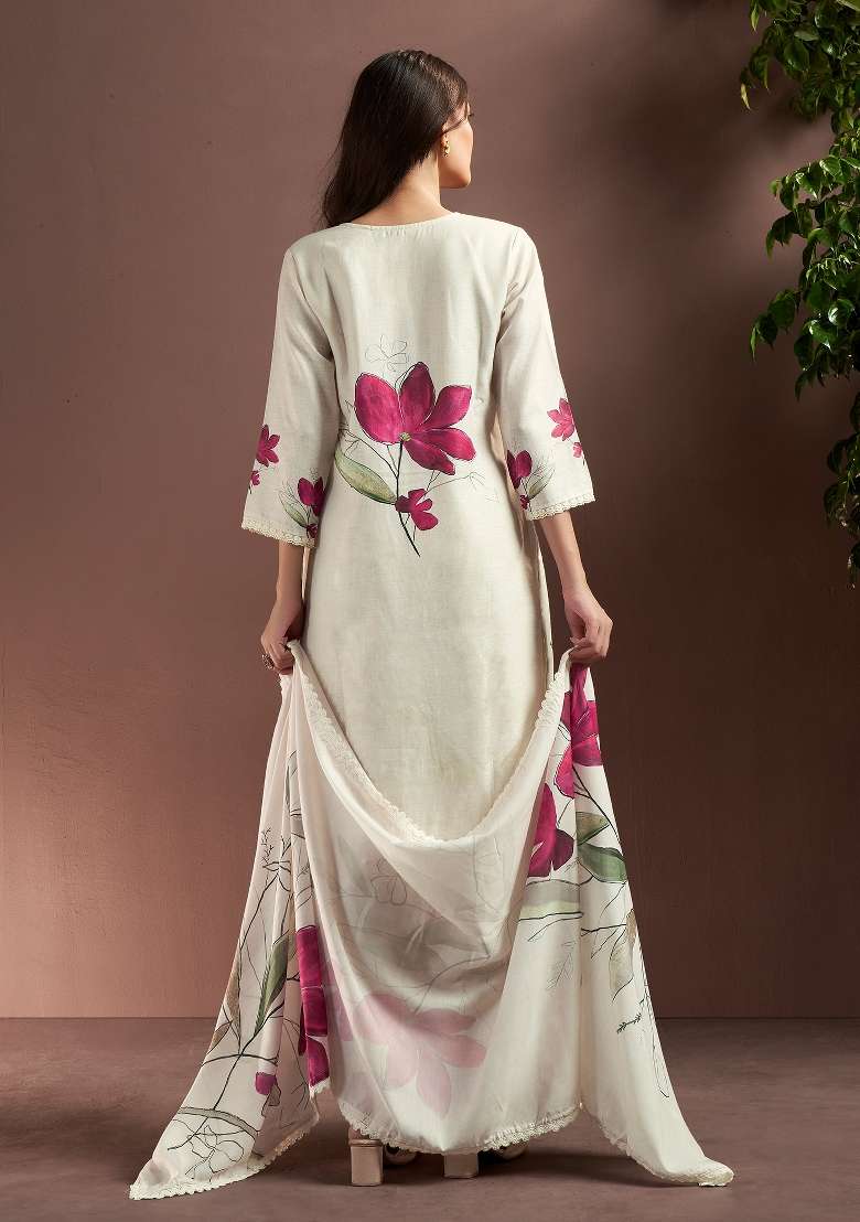Off White Printed Silk Kurta Set - Indya
