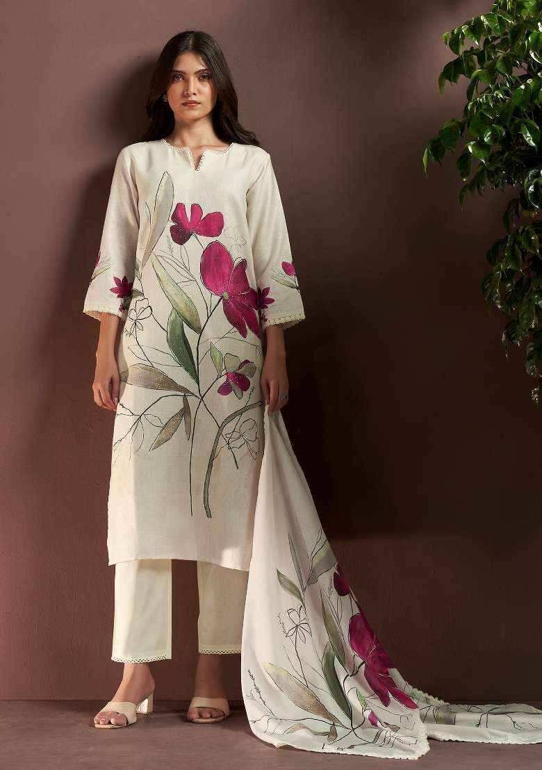 Off White Printed Silk Kurta Set - Indya