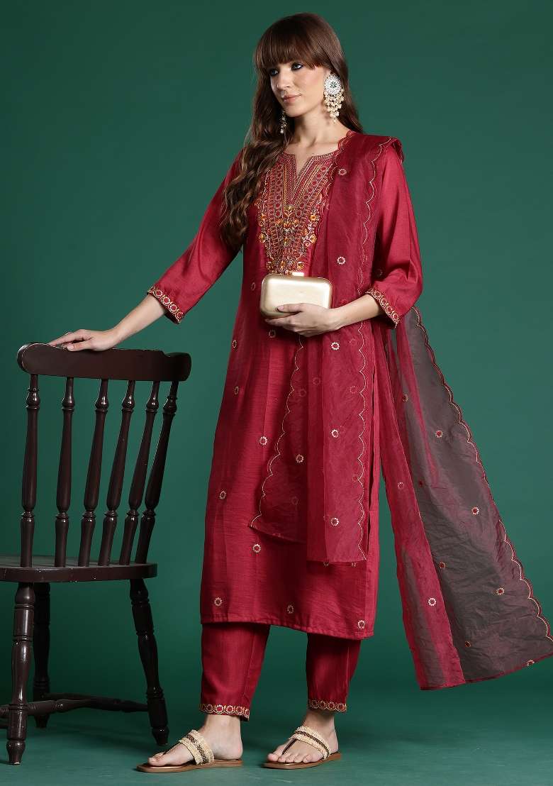 Pink Embroidery Silk Kurta Set - Indya