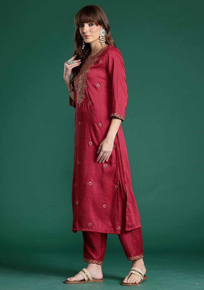 Pink Embroidery Silk Kurta Set - Indya
