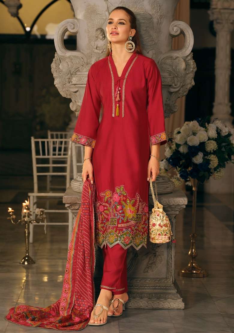 Pink Embroidery Silk Kurta Set - Indya