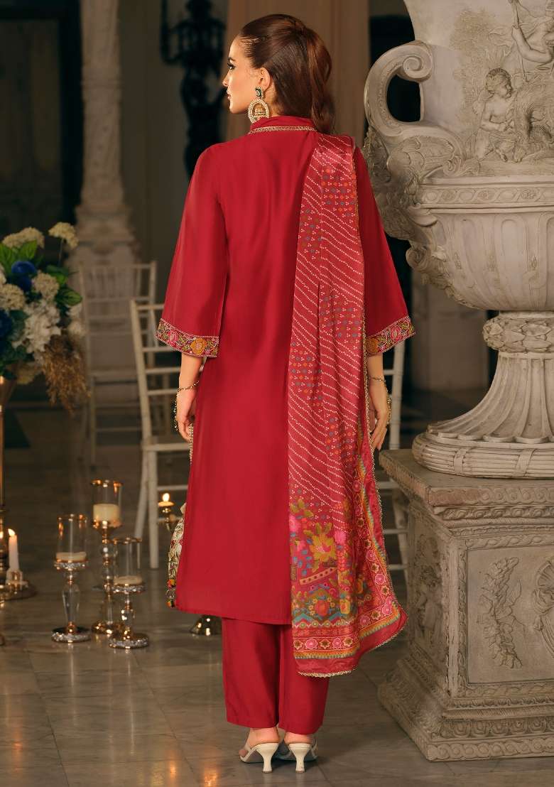 Pink Embroidery Silk Kurta Set - Indya