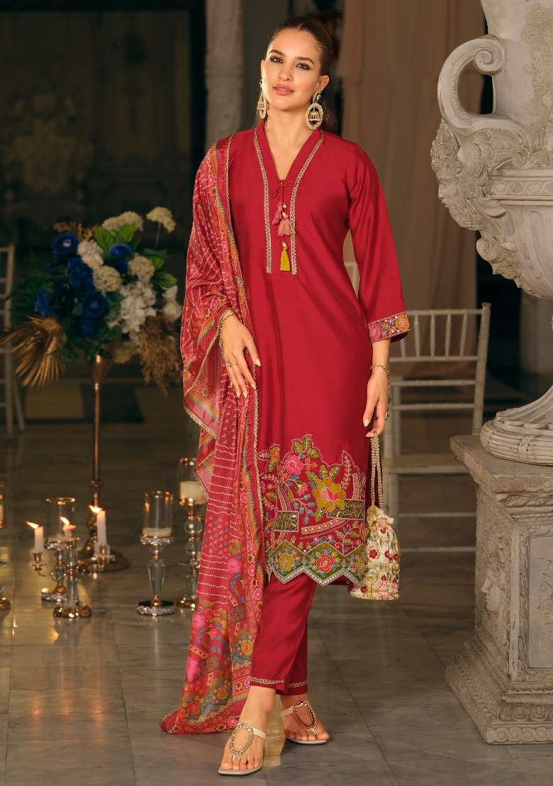 Pink Embroidery Silk Kurta Set - Indya