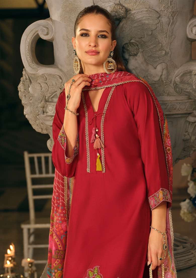 Pink Embroidery Silk Kurta Set - Indya