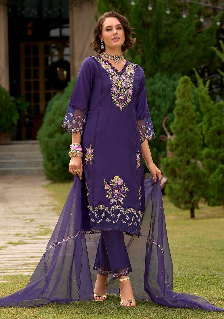 Purple Embroidery Cotton Kurta Set - Indya