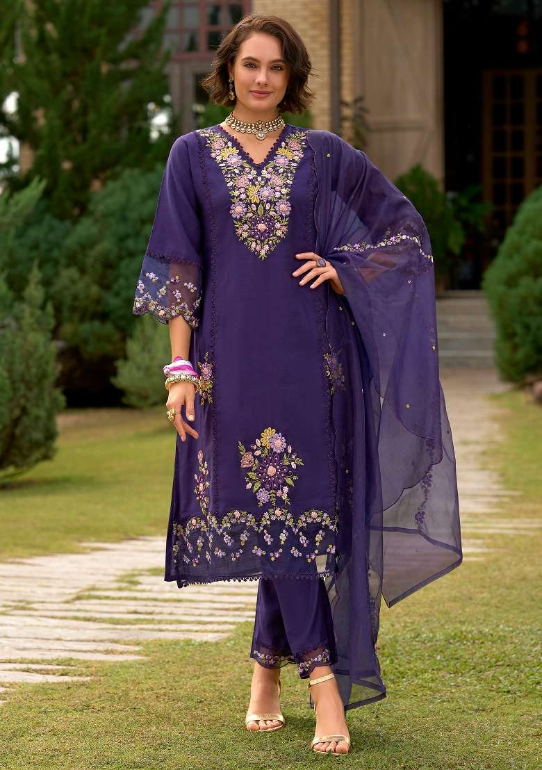 Purple Embroidery Cotton Kurta Set - Indya