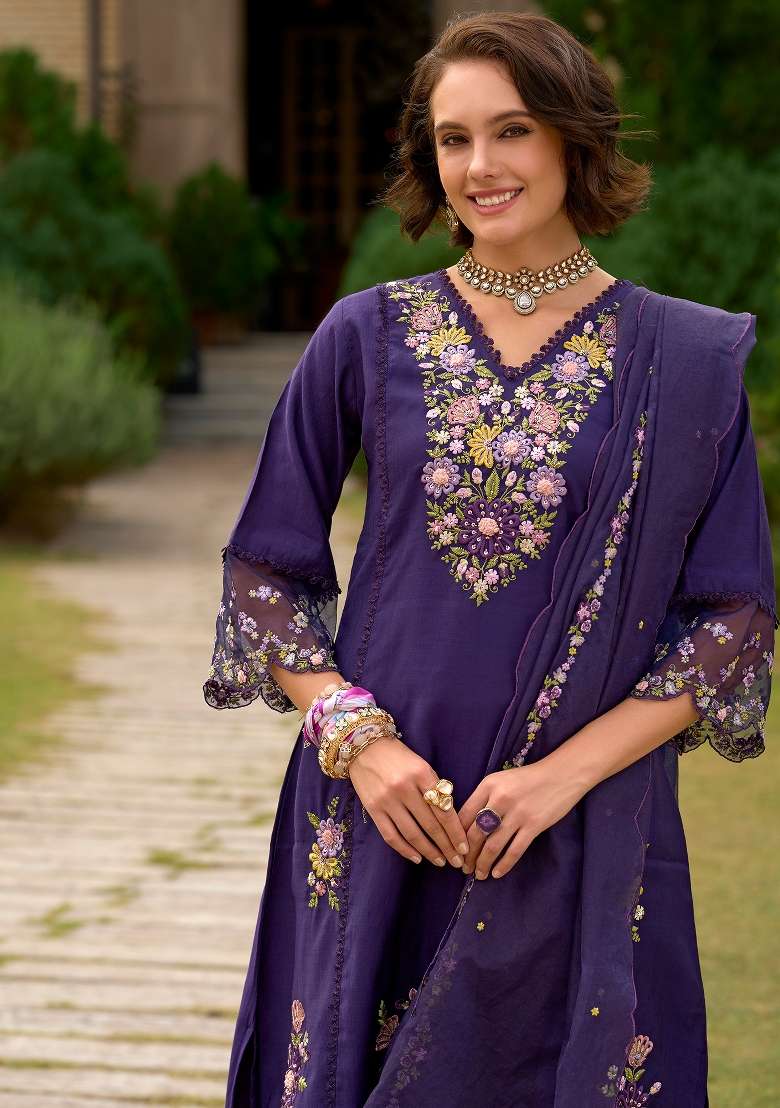 Purple Embroidery Cotton Kurta Set - Indya