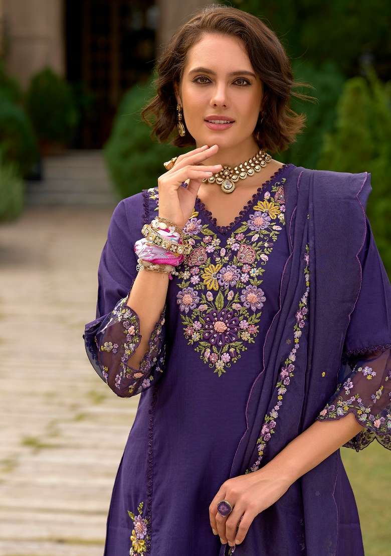 Purple Embroidery Cotton Kurta Set - Indya