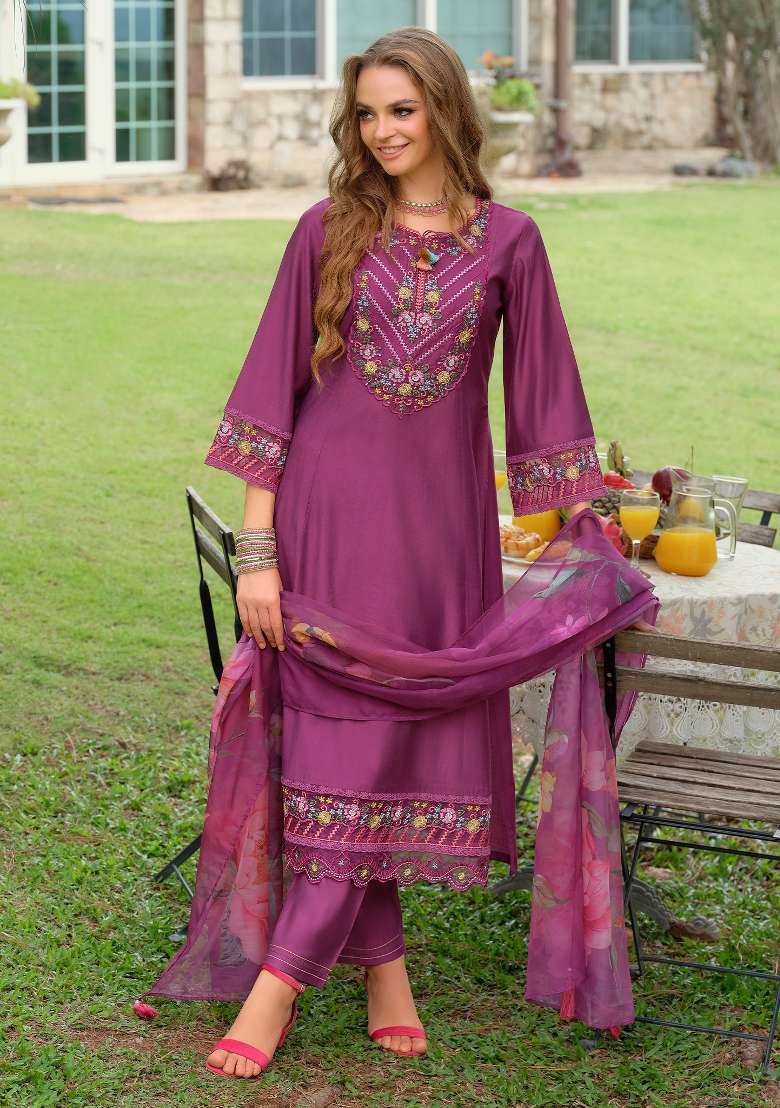 Purple Embroidery Cotton Kurta Set - Indya