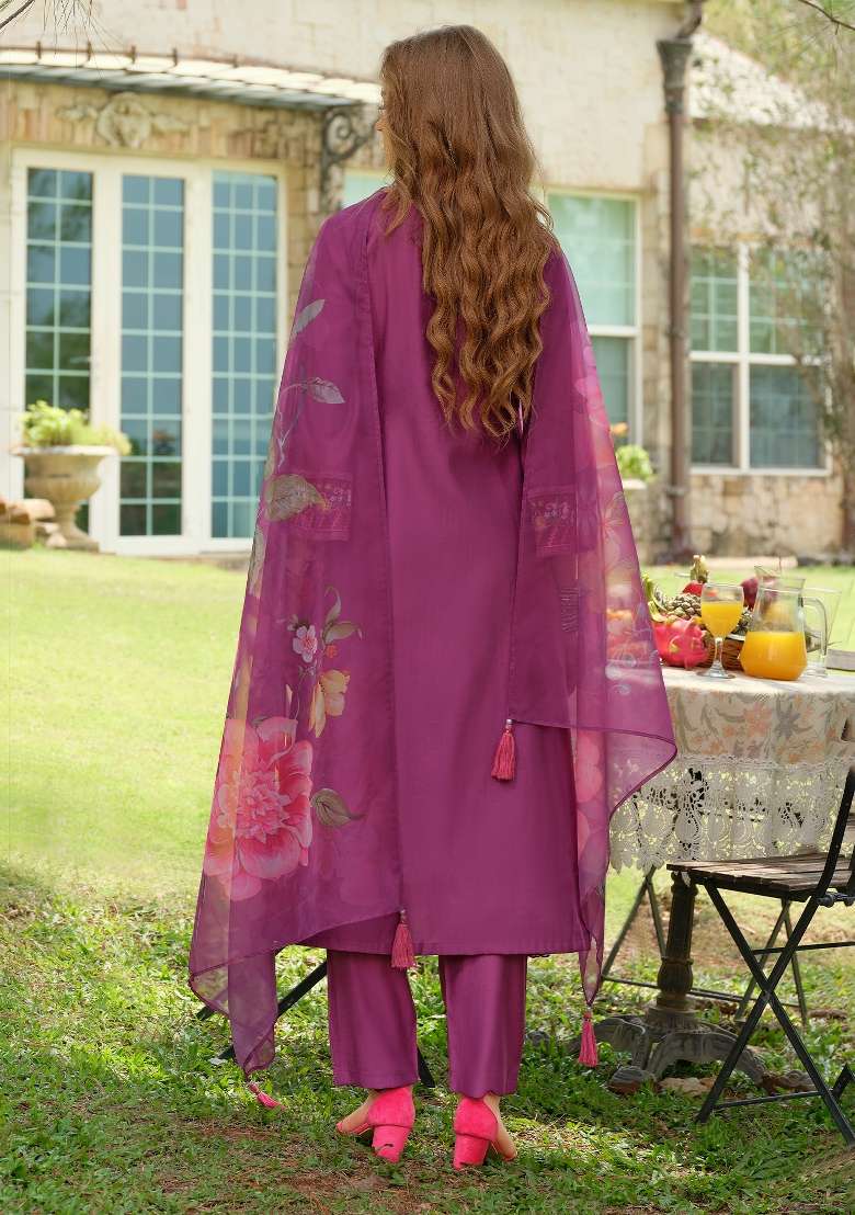 Purple Embroidery Cotton Kurta Set - Indya