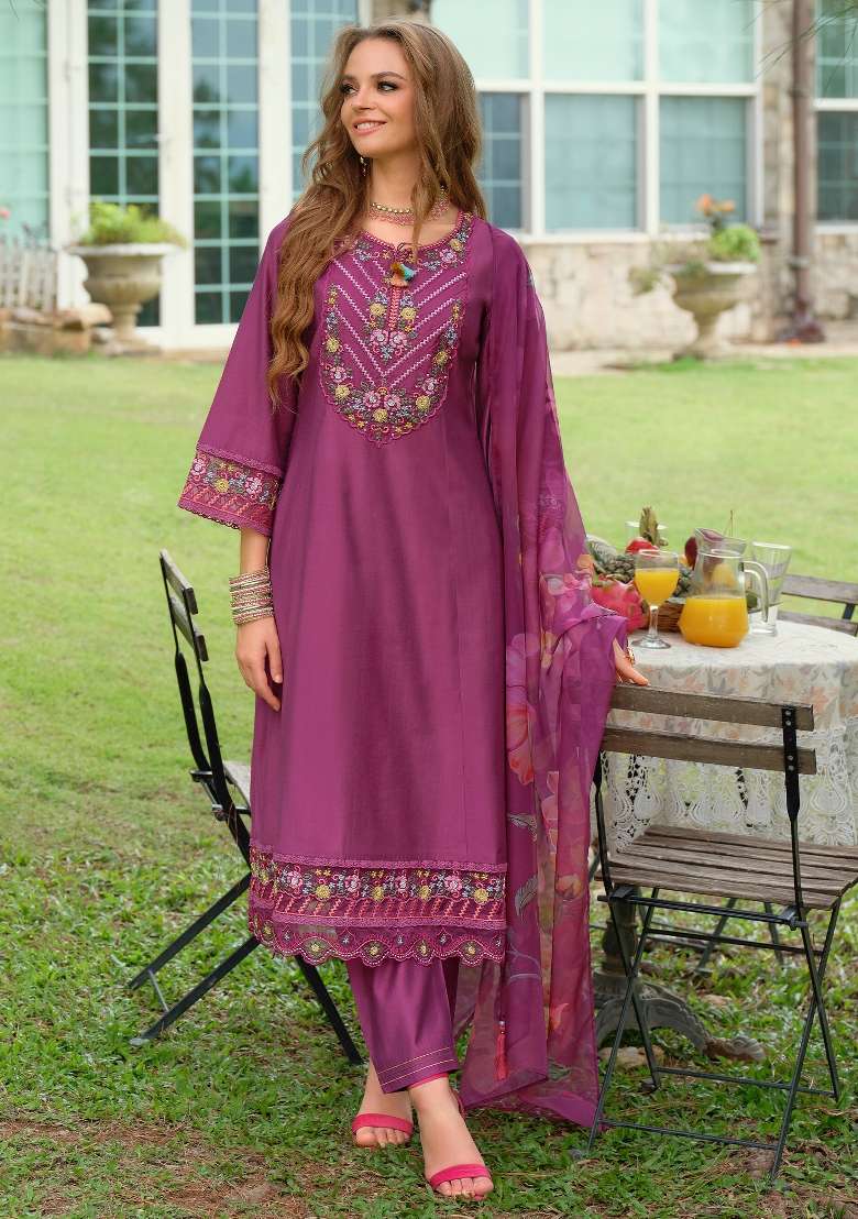 Purple Embroidery Cotton Kurta Set - Indya