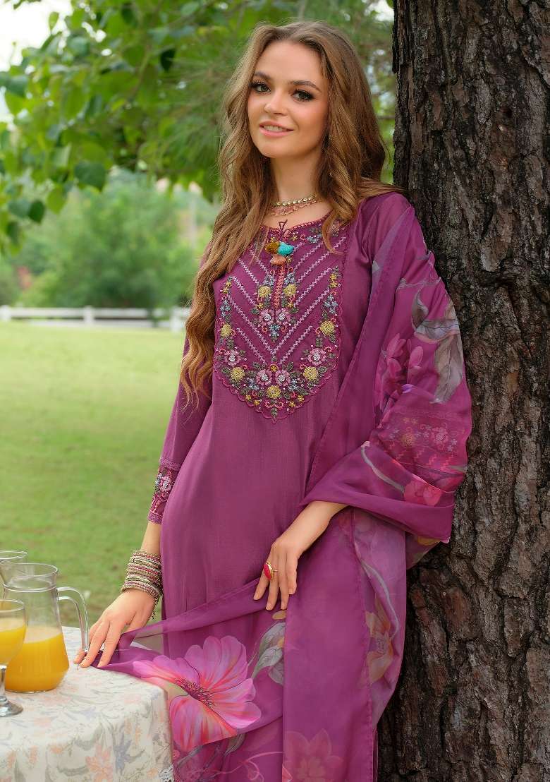 Purple Embroidery Cotton Kurta Set - Indya