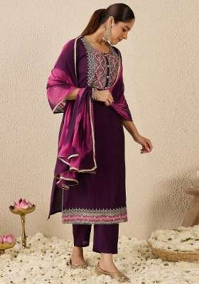 Purple Embroidery Silk Kurta Set