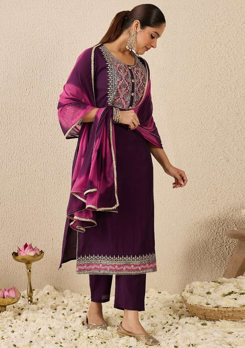 Purple Embroidery Silk Kurta Set - Indya