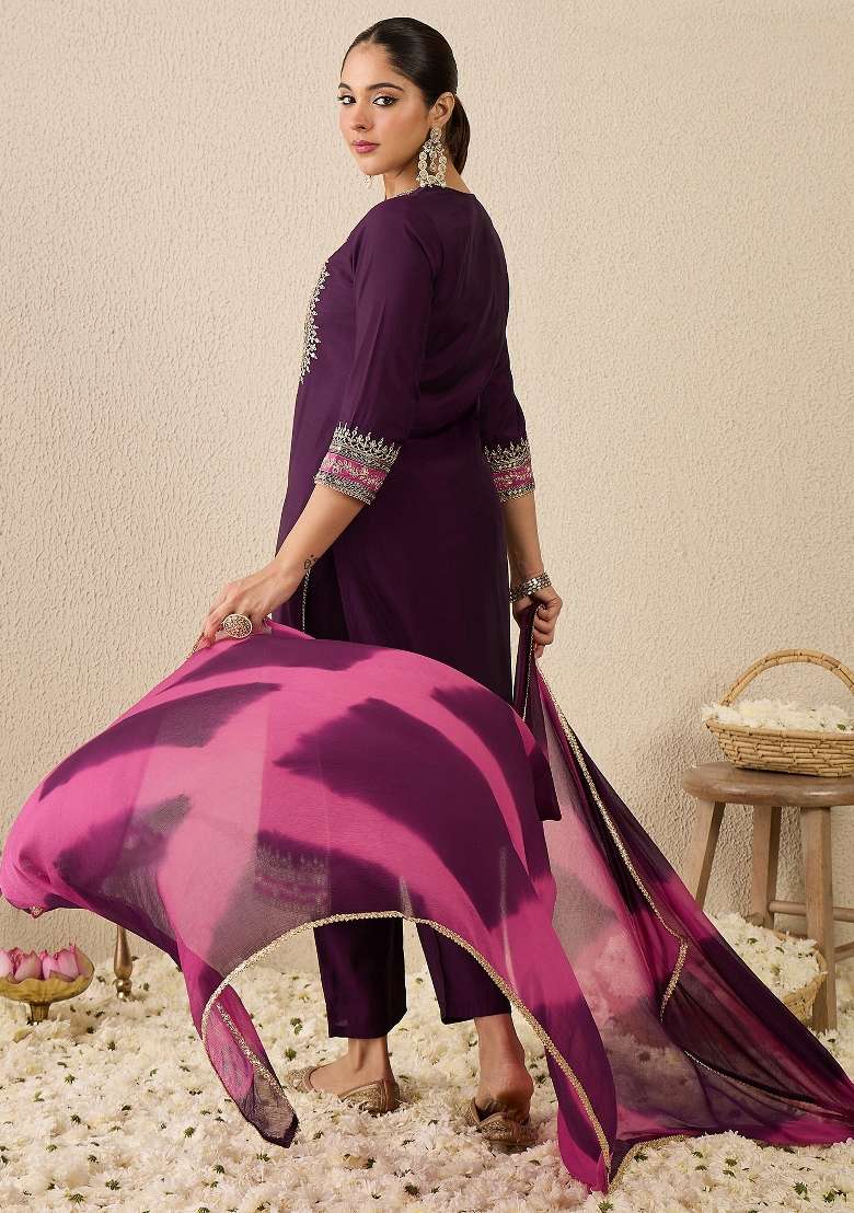 Purple Embroidery Silk Kurta Set - Indya