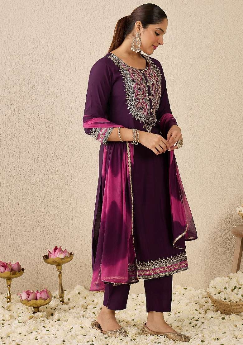 Purple Embroidery Silk Kurta Set - Indya
