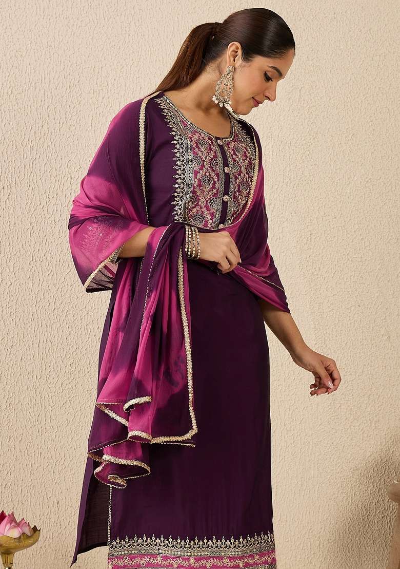 Purple Embroidery Silk Kurta Set - Indya
