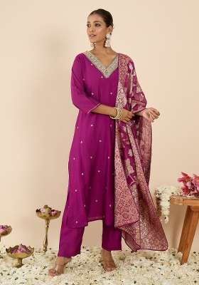 Purple Embroidery Silk Kurta Set