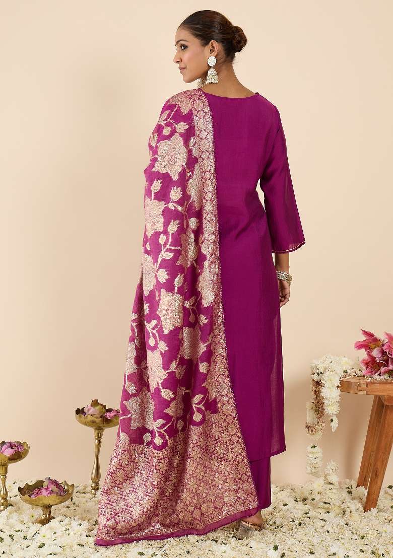 Purple Embroidery Silk Kurta Set - Indya