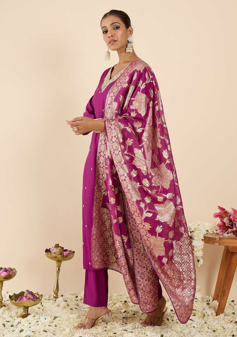 Purple Embroidery Silk Kurta Set - Indya