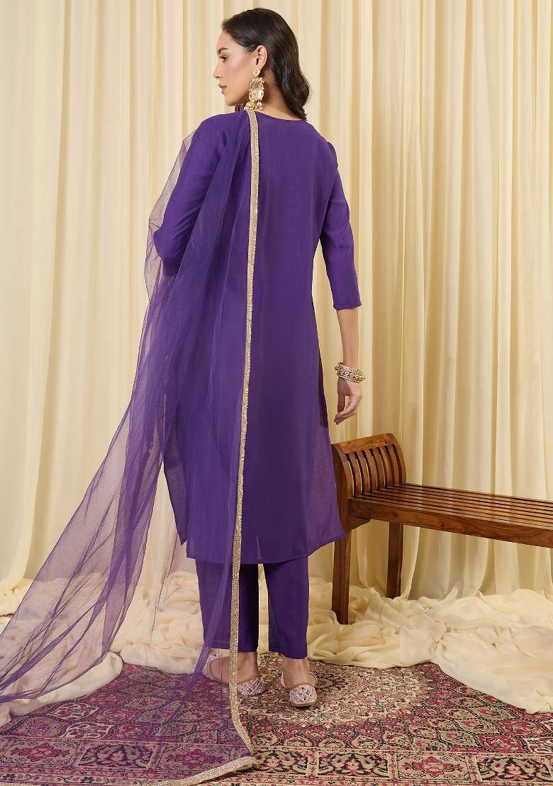 Purple Embroidery Silk Kurta Set - Indya
