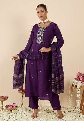 Purple Embroidery Silk Kurta Set
