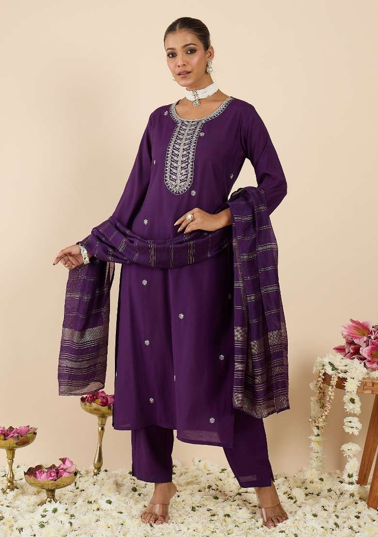 Purple Embroidery Silk Kurta Set - Indya