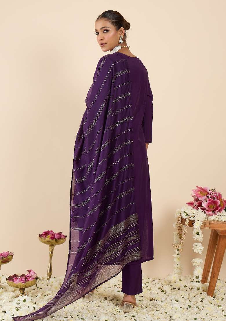 Purple Embroidery Silk Kurta Set - Indya