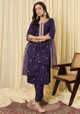 Purple Embroidery Cotton Kurta Set