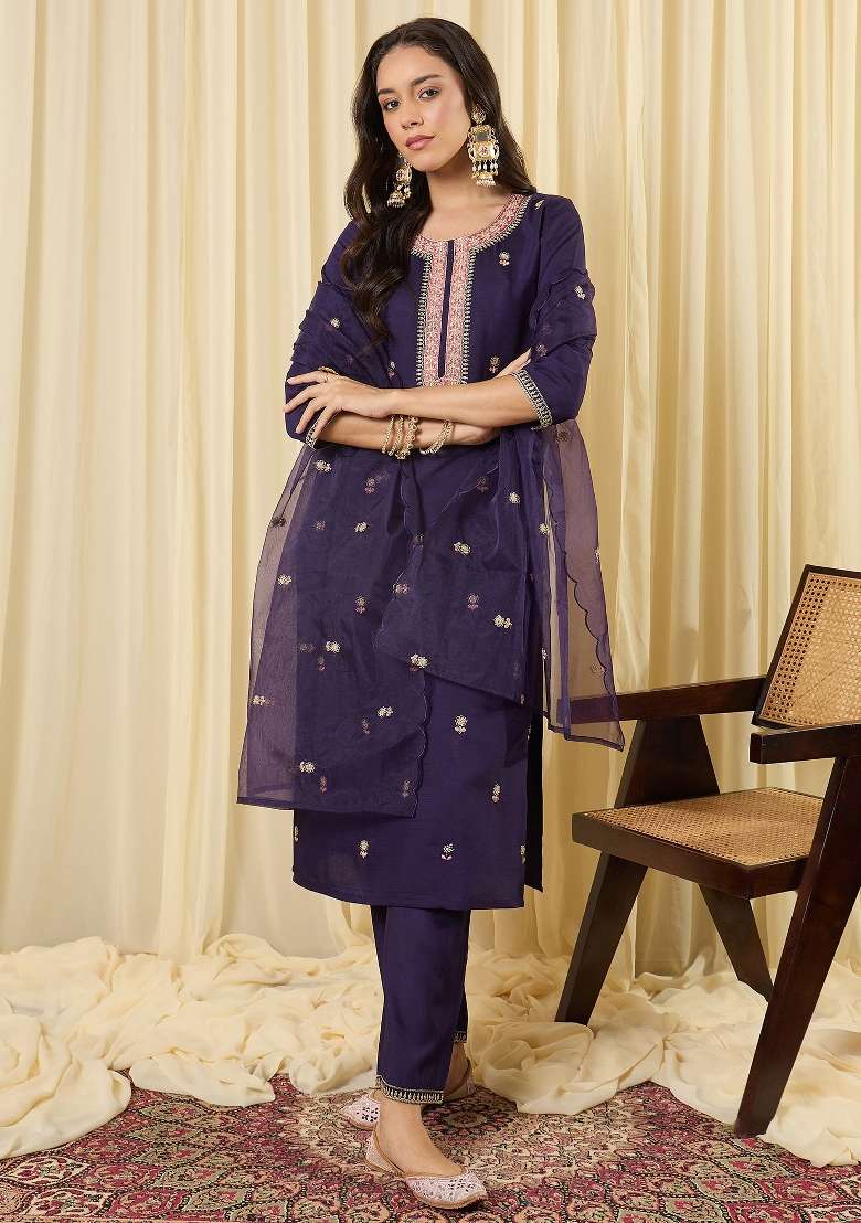 Purple Embroidery Cotton Kurta Set - Indya