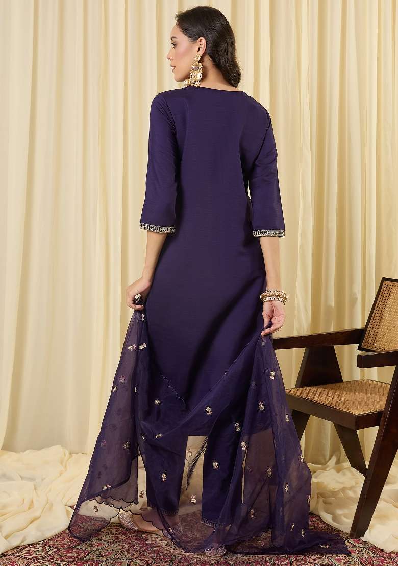 Purple Embroidery Cotton Kurta Set - Indya