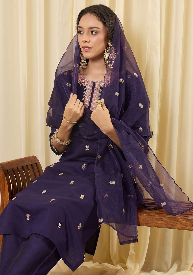 Purple Embroidery Cotton Kurta Set - Indya