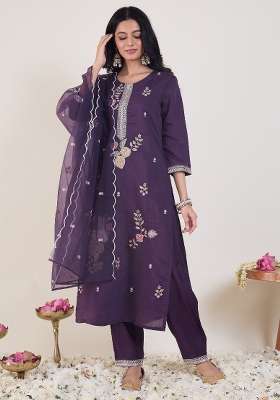 Purple Embroidery Silk Kurta Set