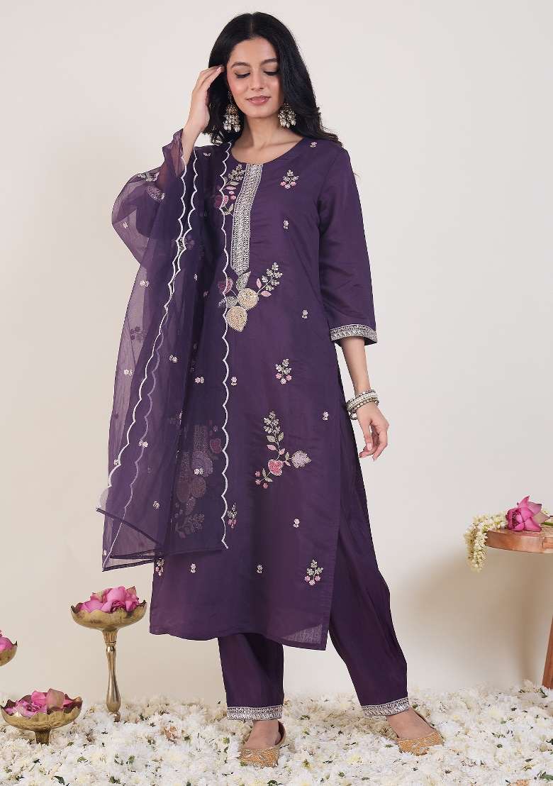 Purple Embroidery Silk Kurta Set - Indya