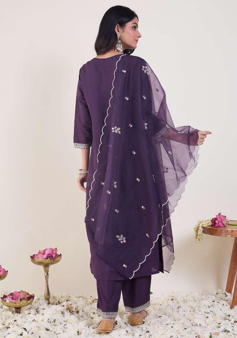 Purple Embroidery Silk Kurta Set - Indya