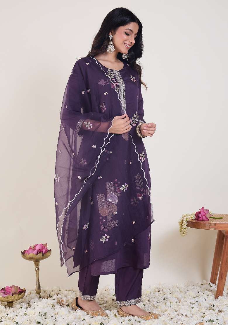 Purple Embroidery Silk Kurta Set - Indya
