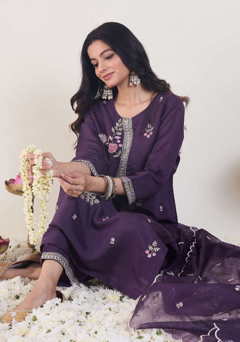 Purple Embroidery Silk Kurta Set - Indya