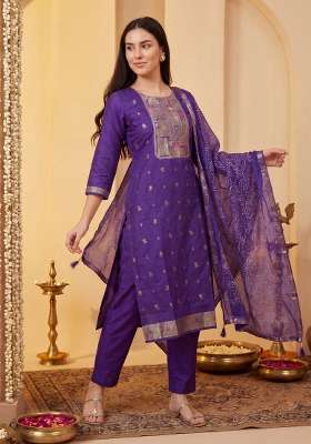 Purple Printed Silk Kurta Set