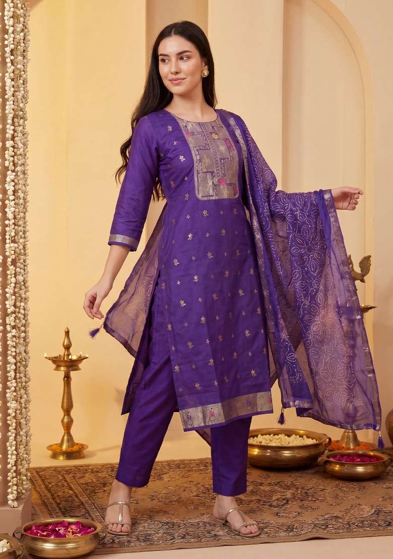 Purple Printed Silk Kurta Set - Indya