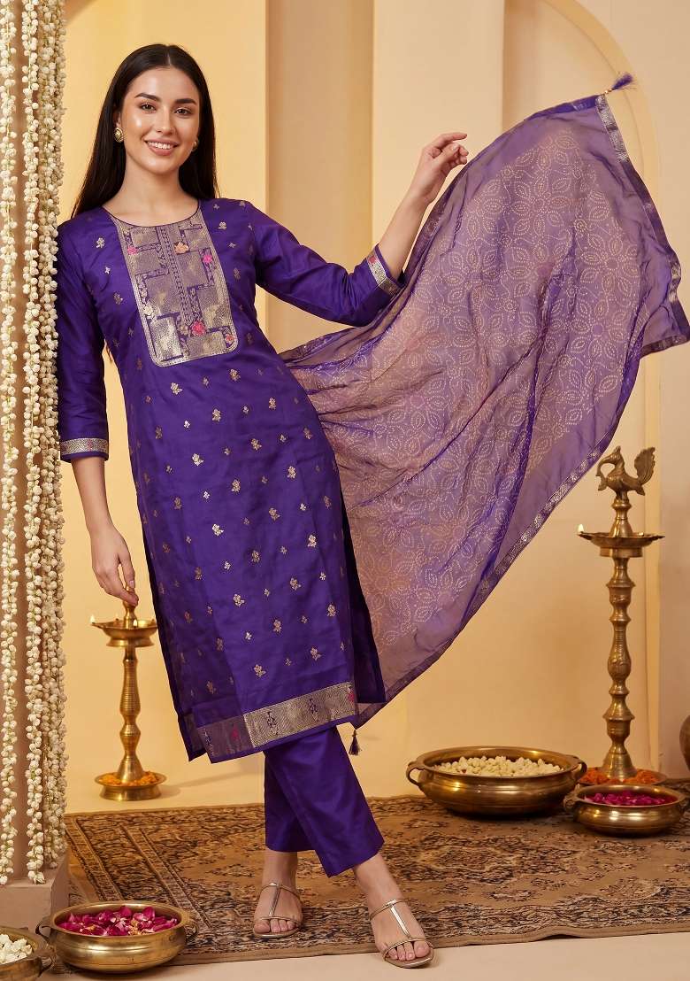 Purple Printed Silk Kurta Set - Indya